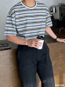 DAZY Áo thun nam tay ngắn cổ tròn kẻ sọc dáng rộng, thích hợp mặc mùa hè. - Nhiều màu - Xem 4