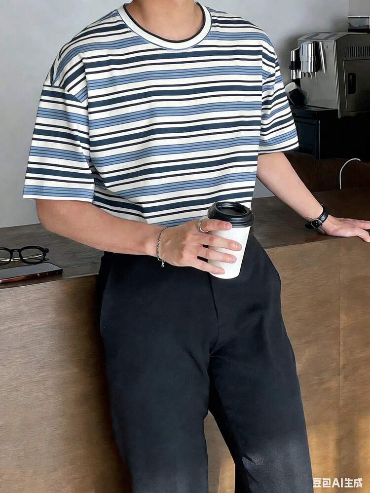 Men's Casual Striped Crew Neck Loose Short Sleeve T-Shirt, Summer