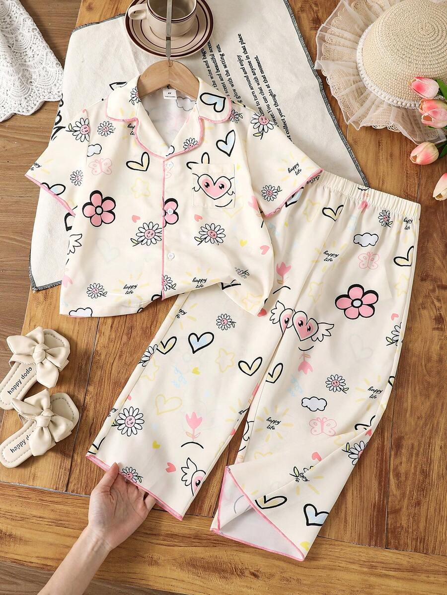 SHEIN Bộ đồ mặc nhà 2 món cho bé gái, gồm áo khoác và quần đan họa tiết trái tim và hoa. - Màu be - Xem 1