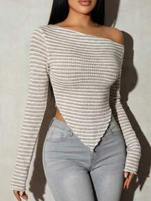 SHEIN SXY Top de manga larga a rayas con hombro asimétrico descubierto, otoño/invierno - Multicolor - Ver 1