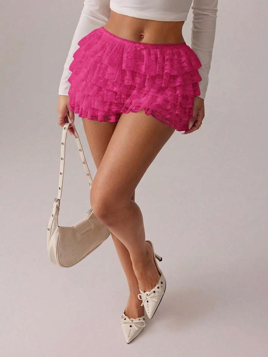 SHEIN SXY Quần short nữ xếp lớp ren, viền bèo nhún, kiểu dáng thường ngày, đa năng. - Màu Hồng Tươi - Xem 1