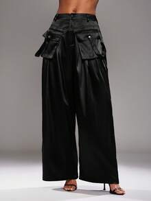 NYA SZN 高腰阔腿工装裤，宽松飘逸，棕色缎面材质，适合冬季商务休闲场合，适合特殊活动和特殊场合，尽显女性奢华气质。 - 黑色 - 查看 6