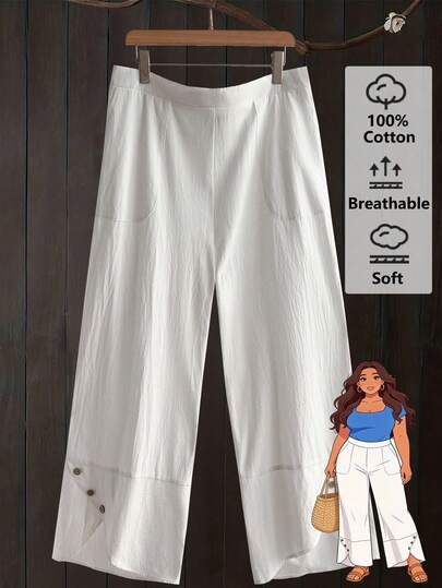EMERY ROSE Plus Size Solid Color Loose Straight Casual Everyday Pants For Summer/ Vacation Summer Outfits Summer Clothes  Spring  Spring Outfit Women Spring Clothes Country Style For Women White Pants