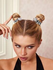 HELLO KITTY AND FRIENDS | SHEIN 4条装锌合金可爱卡通弹力发圈，镶钻蝴蝶结发带，黑色，适合扎高马尾，上学出行必备 - 彩色 - 查看 5