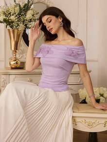 Modelyn 女士3D立体花卉装饰露肩修身褶皱设计上衣，适合通勤和约会 - 淡紫色 - 查看 7