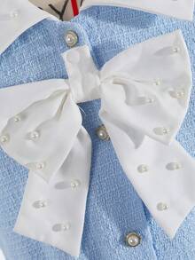 SHEIN Tween Girl Contrast Collar Detachable Bow Textured Fabric Dress, Elegant Academic Lady Style - Blue - View 4