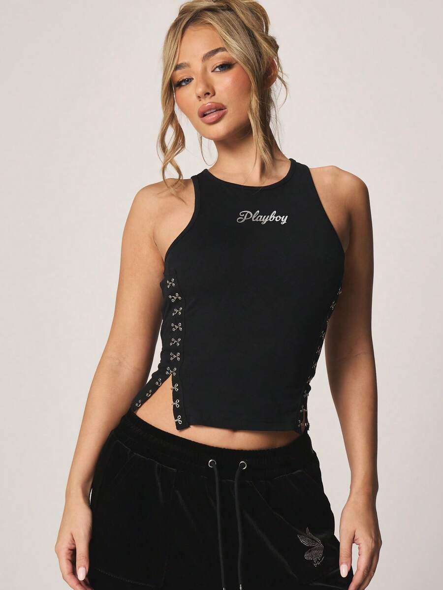 Missguided x Playboy Áo tank top kiểu racer với chi tiết móc cài và dây buộc bên hông, không tay. - màu đen - Xem 1