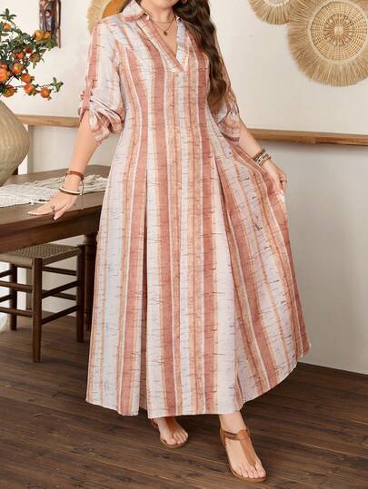 Lacomfia Plus Size Casual Striped Dress