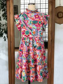 Linhara Colorful Print Ruffle V-Neck Loose Dress - Multicolor - View 2