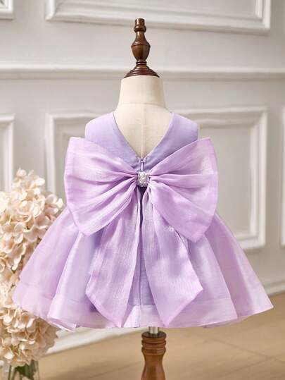 Babygirl Elegant Princess Dress, Purple Organza Bow & Pearl Decor Sleeveless Dress, Formal Gown