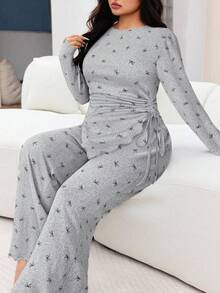 Modelyn Große Größen Lässig Schmetterling Muster Kordelzug asymmetrischer Saum Top und Hose Zweiteiler, Herbst - Grau - Übersicht 1