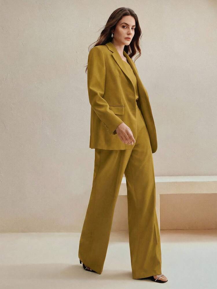 SHEIN x PRISCILA & JIMENA Anewsta Essential Business Casual Oldmoney Women's Suit Set, Maillard Color Blazer Jacket + Straight Leg Pants, 2pcs