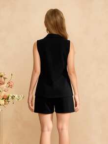 SHEIN 3pcs Tween Girls' Spring/Summer Outfit Set: Beaded Vest, Elegant Black Shorts, White Camisole Layering Suit, & Stylish - Black - View 2