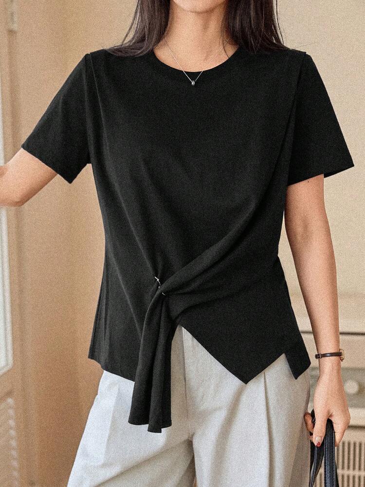 Spring & Summer Loose Casual Chic Patchwork Contrast Color Office Round Neck Design Old Money Lady T-Shirt Business Casual Woman