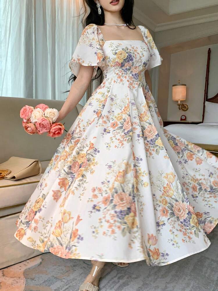 Floral Summer French Style Vintage Floral Print Loose Flowy Dress, Elegant And Graceful For Women Maxi Dress Sundress