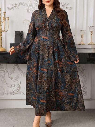 Modelyn 大码女士优雅印花收腰长裙