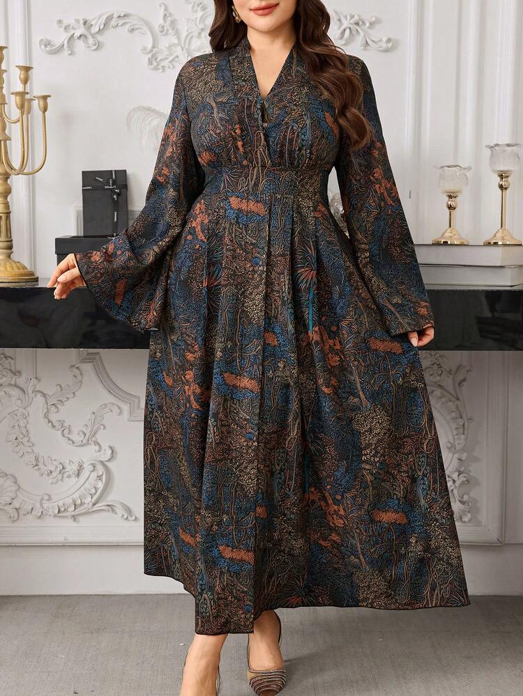 Modelyn Plus Size Women Elegant Floral Print Waist Cinched Long Dress - Black - View 3