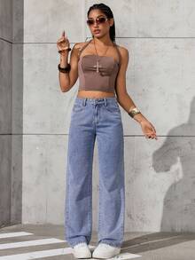 Jeanoix 女式休闲直筒宽松牛仔裤 - 中等水洗藍 - 查看 3