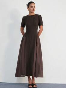 Aveloria Modichic Coffee Brown Summer Elegant Dining Midi Dress,Herringbone Patchwork Chiffon Round Neck Short Sleeve A-Line Waist Pleated Minimalist Vintage Commuting - Coffee - View 3
