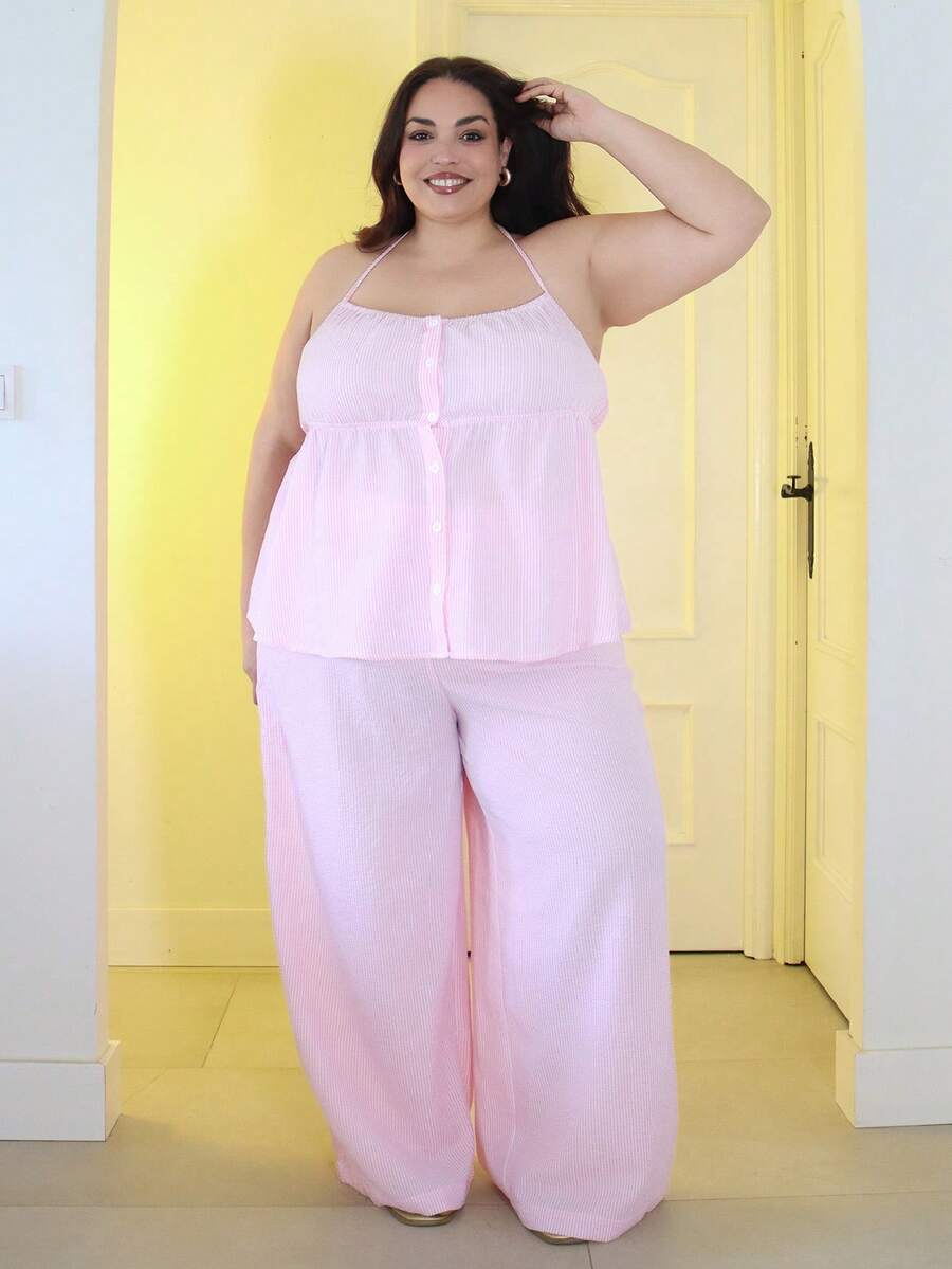 Pretty and Ole Conjunto de 2 piezas: Blusa de cuello halter con rayas y pantalón ancho holgado para mujer talla grande, uso casual y diario - Rosa - Ver 1
