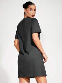 SHEIN BASICS Casual Solid Color Short Sleeve Dress, Summer Basic Tees Women, T Shirt Dress Summer Dresses - Dark Grey - View 3