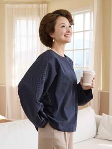 Livesso Women's Loose Plaid Batwing Sleeve Shirt - Blue - View 6