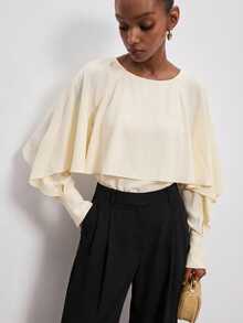 ATUI Studio Women's Solid Color Round Neck Ruffle Patchwork Loose Fashion Blouse - Apricot - View 1