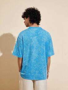 Felipe Marques Men's Animal & Plant Print Distressed Short Sleeve Loose Blue T-Shirt, Casual For Spring, Summer, Vacation, Party, Beach - Blue - View 2