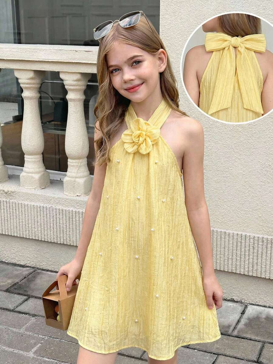SHEIN Tween Girl Elegant Solid Yellow Textured Fabric Halter Neck Beaded A-Line Sleeveless Dress, Spring Summer Dress - Yellow - View 1