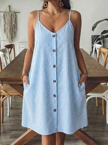 SHEIN VCAY Plus Size Women Plaid Single-Breasted Pocket Loose Strap Casual Dress - Baby Blue - View 1