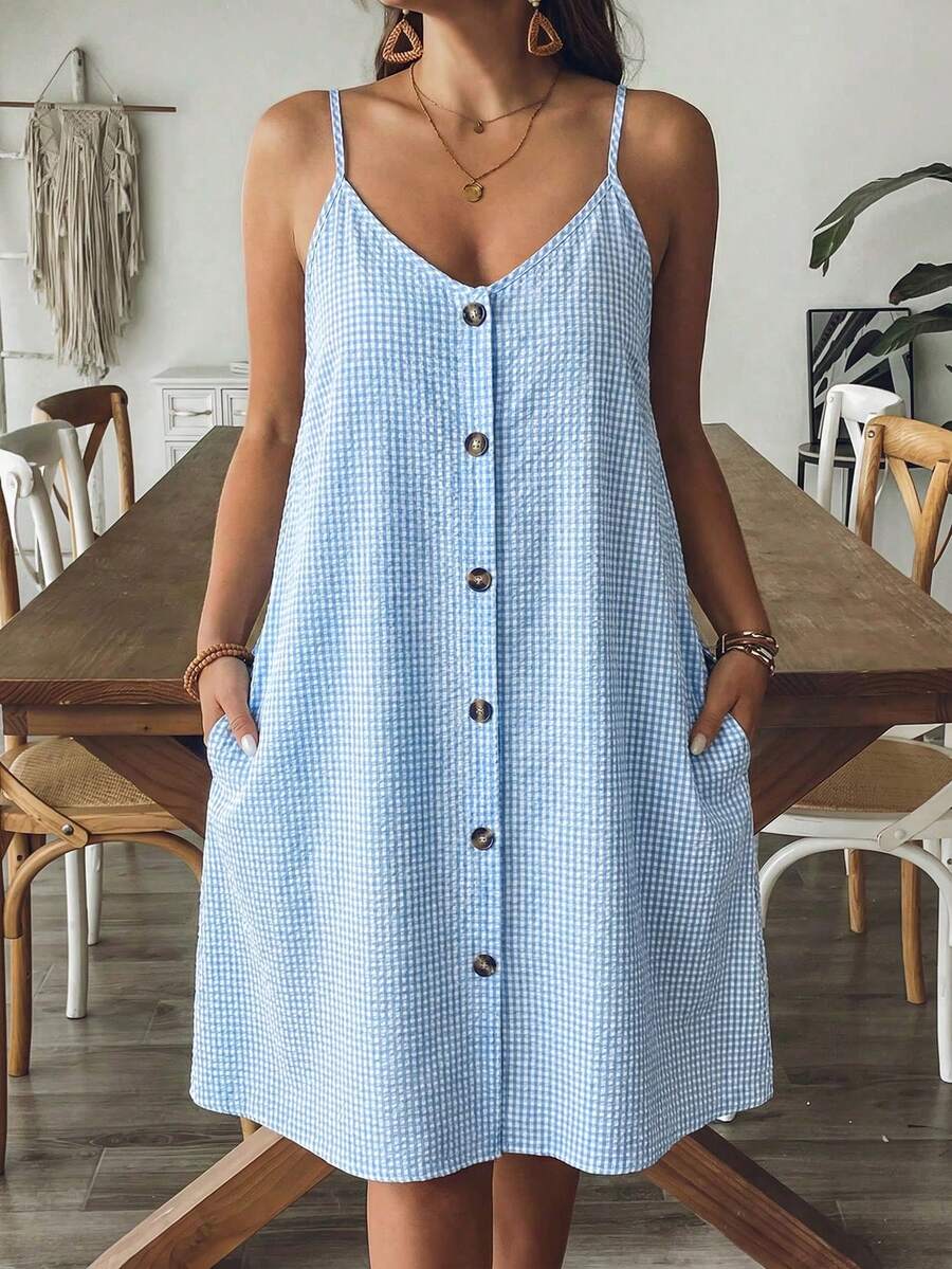 SHEIN VCAY Plus Size Women Plaid Single-Breasted Pocket Loose Strap Casual Dress - Baby Blue - View 1