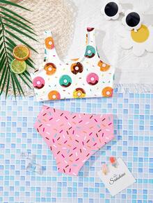 SHEIN Young Girl Casual Minimalist Donut Print Camisole & Triangle Bikini Swimwear Set, Suitable For Summer - Multicolor - View 2