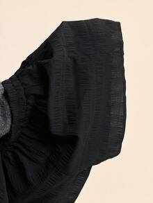 SHEIN VCAY 女士夏季纯色前系带衬衫短裤套装，短袖衬衫短裤两件套 - 黑色 - 查看 6