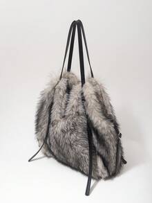 ROMWE Grunge Punk Ladies, Women Shoulder Bag,Hobo Bag,Plush Bag,Faux Fur,Plush,Fur & Fuzz,Fashionable,Personalized,Versatile,Street,Sweet And Cool Girls,Hot Girls,Y2k,Punk,Autumn And Winter(Random Pattern) - Black apricot - View 5