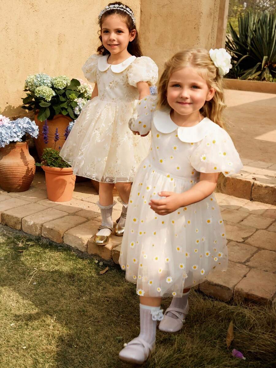 SHEIN Glamorique Kids 女童碎花腰部蓬蓬薄纱连衣裙，优雅派对礼服，泡泡袖设计，适合所有季节 - 杏色 - 查看 1