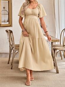 SHEIN Maternity A-Line Dress With Ruffle Sleeves, Bow Back Design - Apricot - View 1