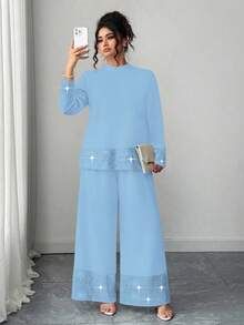 Elenzga Bộ đồ 2 món màu đen đính hạt thanh lịch dành cho người có vóc dáng lớn - Màu xanh lam - Xem 1