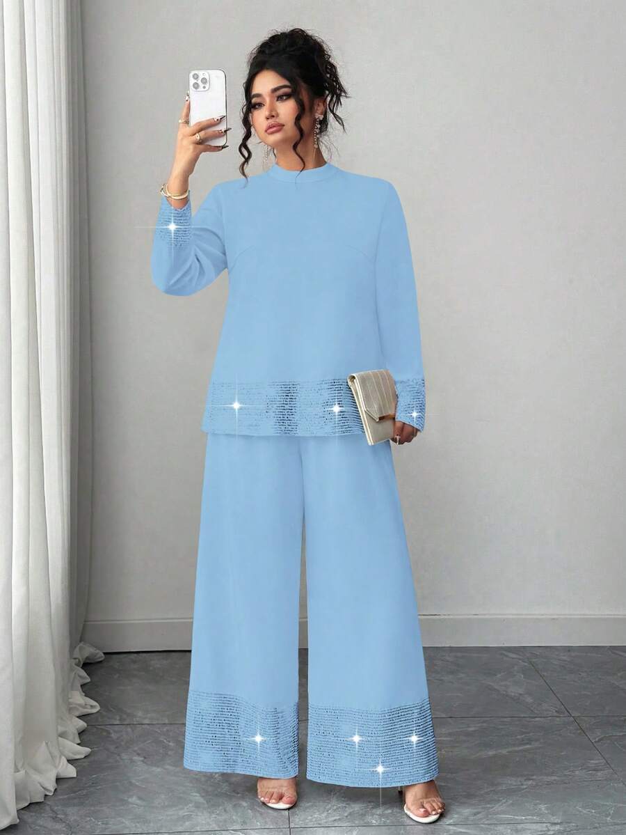 Elenzga Bộ đồ 2 món màu đen đính hạt thanh lịch dành cho người có vóc dáng lớn - Màu xanh lam - Xem 1