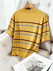 GlowEve CURVE 大码休闲撞色圆领短袖针织上衣 - 黃色 - 查看 2