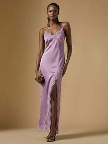 Briarwyn 女士吊带紫色蕾丝拼接高开衩连衣裙，适合情人节、圣帕特里克节 - 淡紫色 - 查看 6