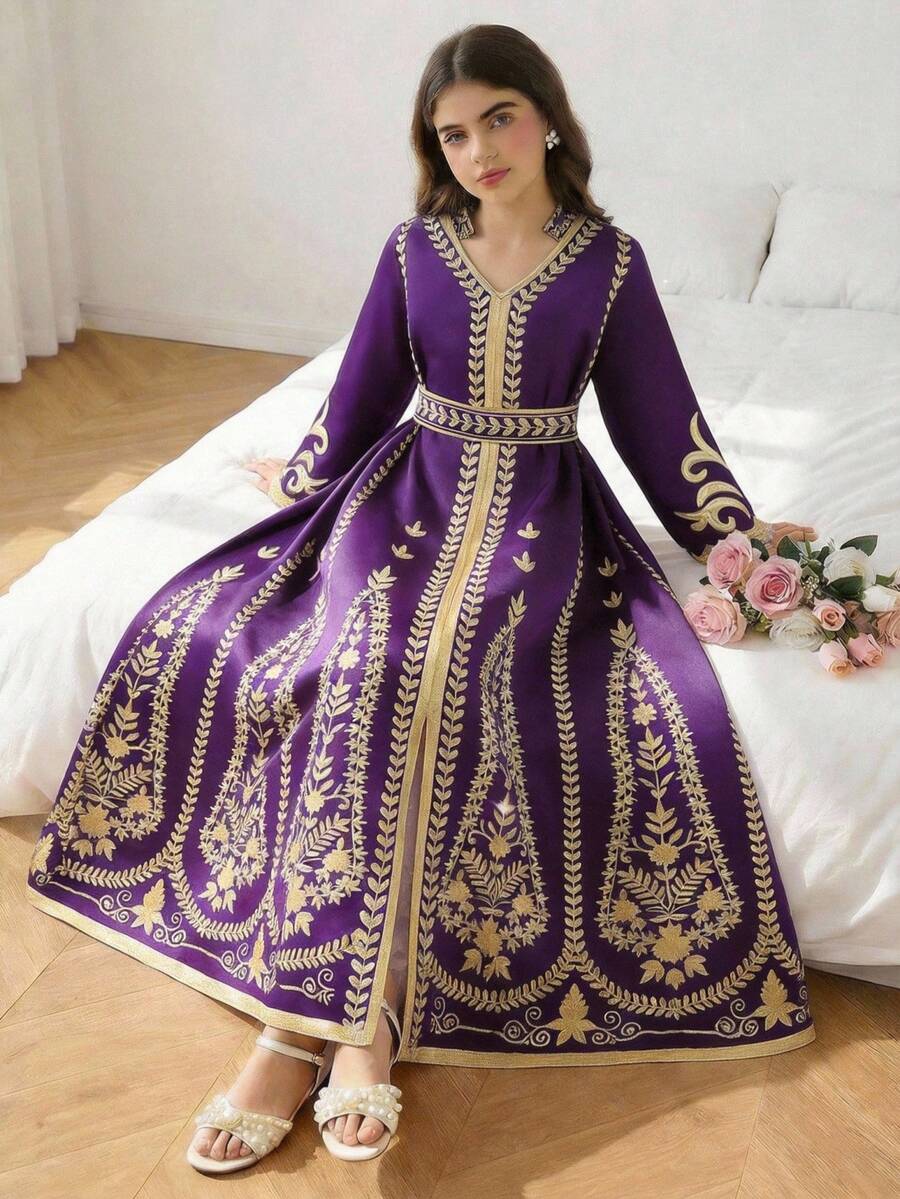 SHEIN Áo choàng Abaya Jalabiya màu tím thanh lịch cổ điển dành cho thanh thiếu niên, mùa xuân/hè, mang các yếu tố thiết kế truyền thống Trung Đông, phù hợp cho các buổi lễ gia đình và sự kiện văn hóa. - Màu tím - Xem 1