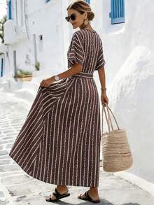 Breezaya 女士度假休闲优雅立领短袖系腰印花长连衣裙，棕色 - 棕色 - 查看 3