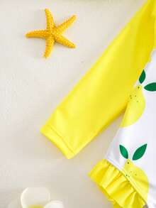 SHEIN 女婴撞色柠檬印花连体泳衣，海滩度假 - 黃色 - 查看 5