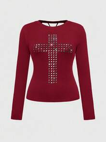 ROMWE Grunge Punk Plus Size Gothic Cross Rhinestone Embellished Black Long Sleeve T-Shirt, Women Plus Size Tops, Goth Casual Style Long Sleeve Top For Women, Autumn/Winter - Burgundy - View 1