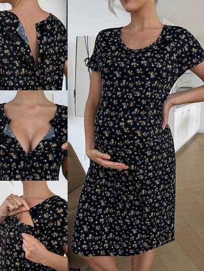 SHEIN Maternity Casual Ditsy Floral Nursing Dress For Summer