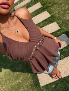 Zavorell 女士休闲性感棕色V领露背吊带背心，饰有贝壳装饰，波西米亚风格，适合日常穿着/情人节晚餐/浪漫约会/休闲度假的夏季上衣。棕色度假套装，棕色夏季上衣，棕色上衣，棕色两件套，女士深棕色上衣，女士度假套装，女士夏季套装，女士夏季上衣 - 棕色 - 查看 4