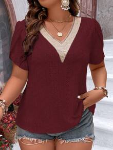 Vionelle 加大码撞色蕾丝花瓣袖T恤图案女式上衣 - 酒紅色 - 查看 3