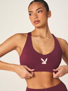 Missguided x Playboy Burgundy Racerback Sports Bra And High Waisted Flare Leg Leggings Set With White Contrast Trim - Burgundy - View 6
