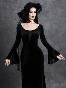 Glisette Women's Solid Color Scoop Neck Flare Sleeve Fitted Elegant Dress - Black - View 5