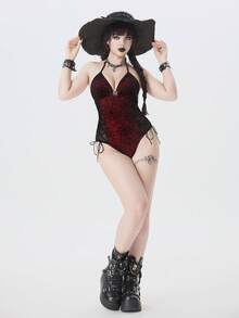 ROMWE Goth 女士网纱金属蜘蛛装饰挂脖系带露背休闲度假沙滩连体泳衣 - 黑色 - 查看 6